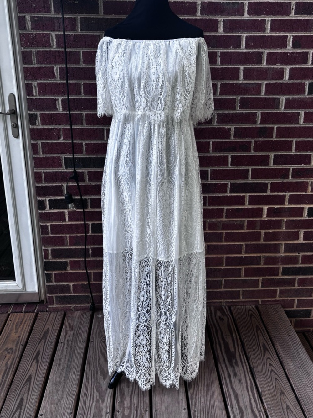Women’s off Shoulder White Lace Maxi Dress Long Sz L Boho Fairy Coquette